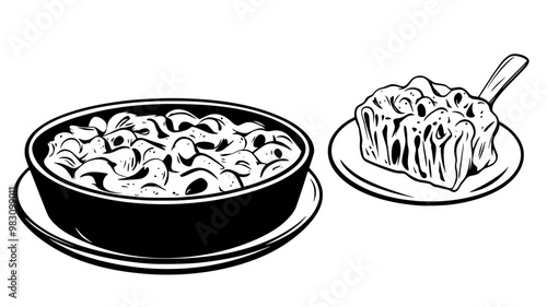 Mac and cheese dish on a flat surface with a portion served, food vector graphic