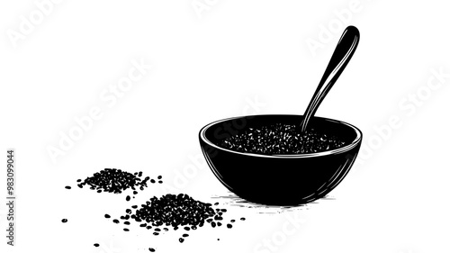 Muesli-filled bowl next to an empty spoon and some muesli on the surface, food illustration vector