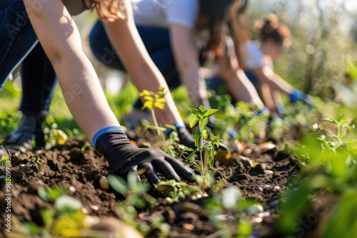 Three people are working in a garden, one of them wearing a black glove, generative ai image