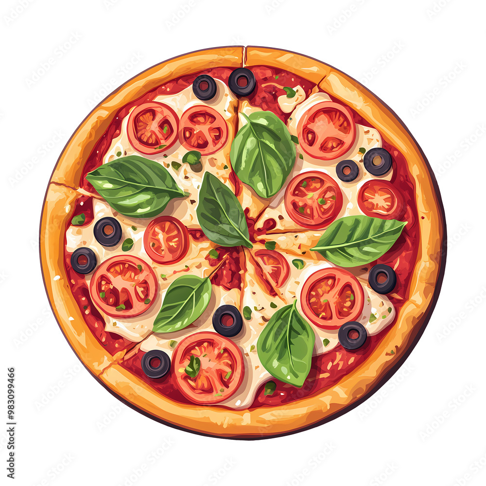 Illustrated Vegetarian Pizza with Tomatoes, Olives, and Basil, Top View on transparent Background
Illustrated Vegetarian Pizza with Tomatoes, Olives, and Basil, Top View on transparent Background