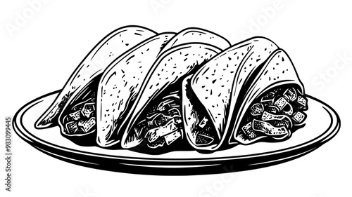 Plate with soft tacos containing a balanced filling of meat and vegetables, food illustration vector