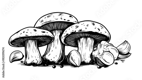 Porcini mushrooms placed in a small pile next to a few garlic cloves, food vector illustration
