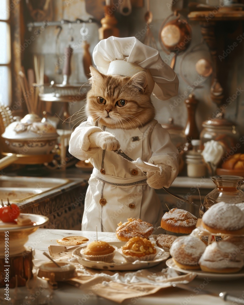 A cat dressed as a chef prepares pastries in a vintage kitchen. A cat dressed as a chef prepares pastries in a vintage kitchen.