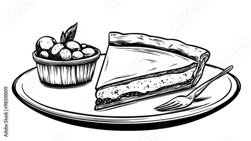 Quiche slice on a plate with a small bowl of garnish beside it, food vector graphic