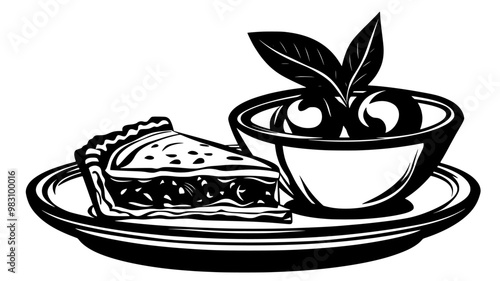 Quiche slice on a plate with a small bowl of garnish beside it, food illustration vector