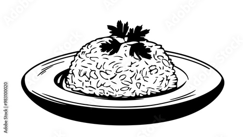 Portion of risotto arranged in a mound, with herb garnish on a simple plate, food illustration vector