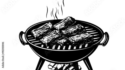 Ribs being basted with sauce while grilling over coals, food illustration vector