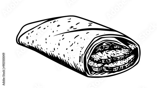 Rolled wrap filled with sliced grilled meat, placed on a plain surface, food illustration vector