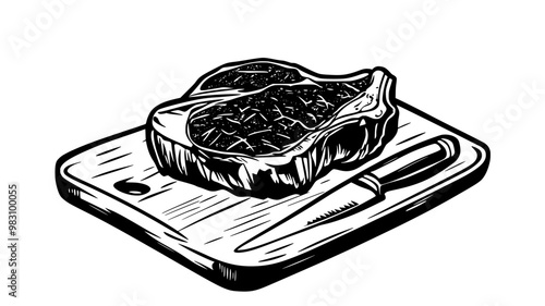 Ribeye steak resting on a wooden cutting board with a knife beside it, food vector illustration