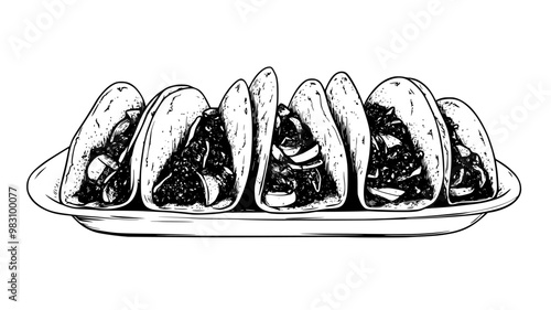 Row of tacos with visible fillings, neatly arranged on a rectangular, white dish, food vector illustration
