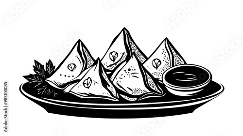 Samosas arranged on a platter with dipping sauces and garnish, food illustration vector