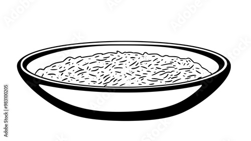 Risotto with visible ingredients served on a wide, flat ceramic dish, food illustration vector