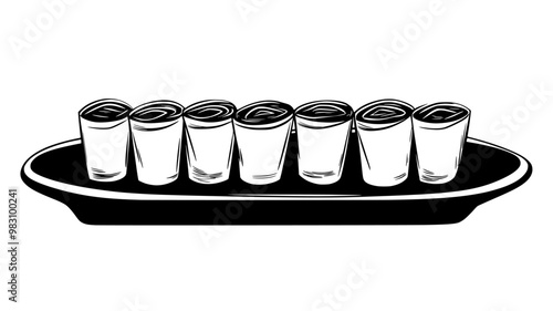 Spring rolls arranged evenly in a row on a rectangular plate, food illustration vector
