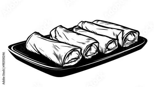 Spring rolls methodically positioned on a long, rectangular plate, food vector graphic