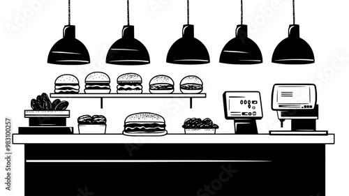 Several classic deli sandwiches displayed on a bakery counter beside a register, food illustration vector