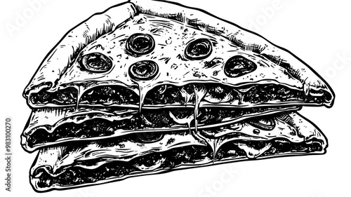 Several deep dish pizza slices stacked, highlighting the layers of crust and toppings, food illustration vector