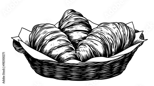 Several croissants arranged in a basket lined with a cloth napkin, food vector illustration