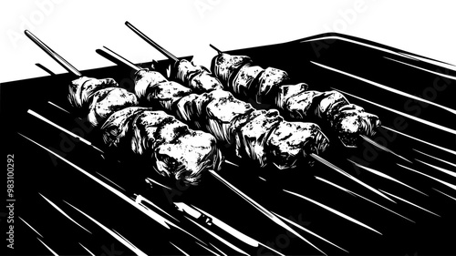 Chicken skewers on a hot grill, char marks visible, food illustration vector