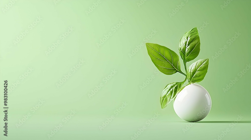 Green Leaf Sprouting from White Sphere on Green Background Green Leaf Sprouting from White Sphere on Green Background