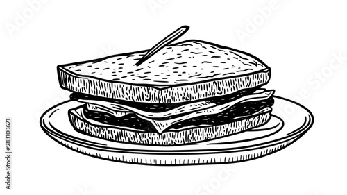 Single classic deli sandwich on a ceramic dish with a pickle spear, food illustration vector