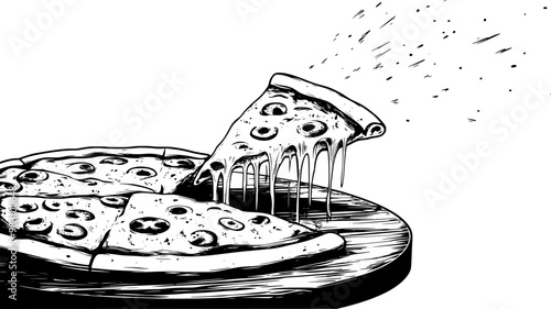 Single slice of Margherita pizza being lifted from the whole pizza on a wooden board, food vector illustration