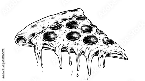 Single slice of pepperoni pizza being pulled away, revealing melted cheese, food illustration vector