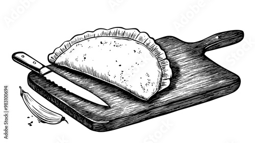 Single vegetarian empanada on a cutting board, knife nearby, food vector illustration