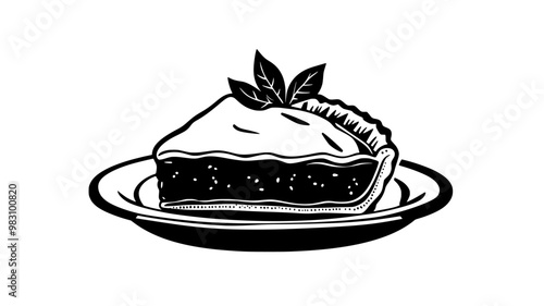 Slice of pie on a plate, showing baked apples and a flaky, intact crust, food illustration vector