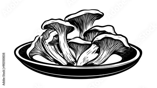 Sliced chanterelle mushrooms arranged in a fan shape on a plate, food vector illustration