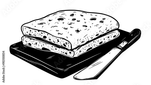 Sliced focaccia bread on flat surface with knife nearby, food vector illustration