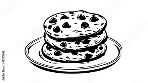 Stack of chocolate chip cookies resting on a flat round plate, food vector illustration