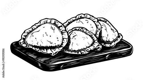 Stack of chicken empanadas on a wooden cutting board, food illustration vector