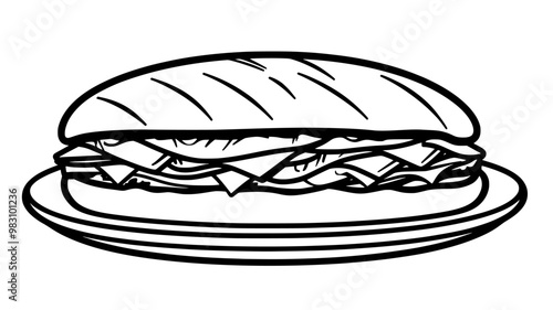 Sub sandwich on a plate, filled with layers of meat, cheese, and vegetables, food illustration vector