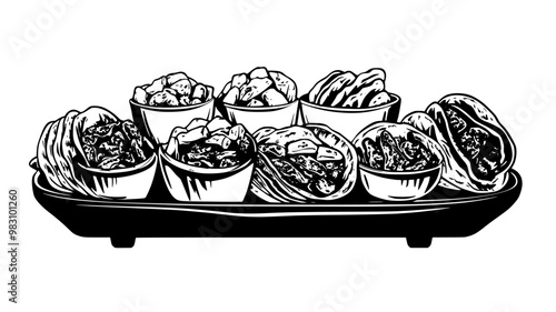 Street taco stand with an assortment of tacos with various meats, food illustration vector