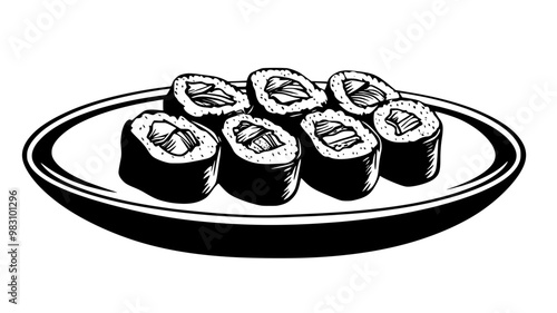 Sushi rolls arranged on a serving dish with visible seaweed and fillings, food illustration vector