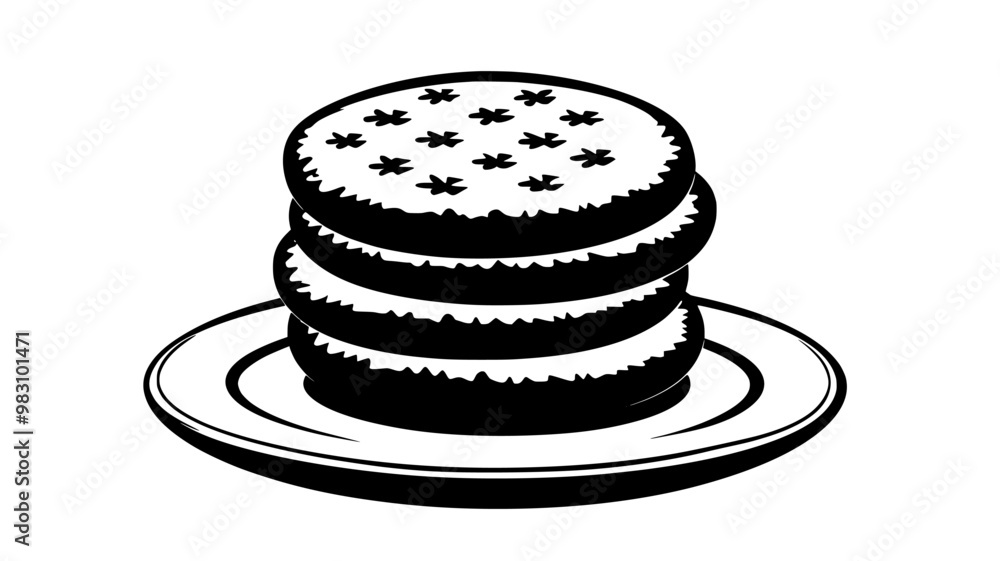 Stack of shortbread cookies resting on a flat round plate, food illustration vector Stack of shortbread cookies resting on a flat round plate, food illustration vector