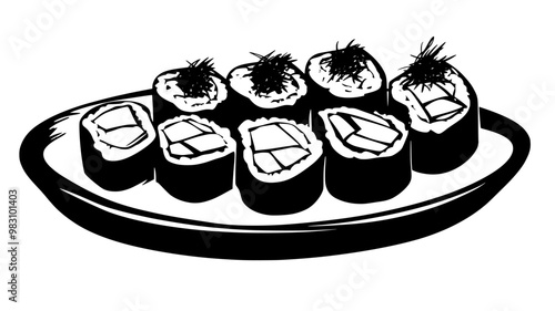 Sushi rolls sliced and arranged on a serving dish with seaweed and toppings, food illustration vector