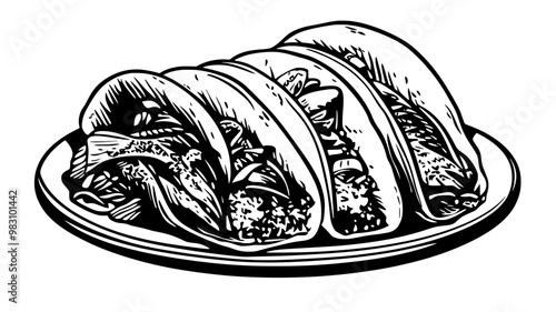 Three fish tacos arranged on a plate with visible fillings, food illustration vector