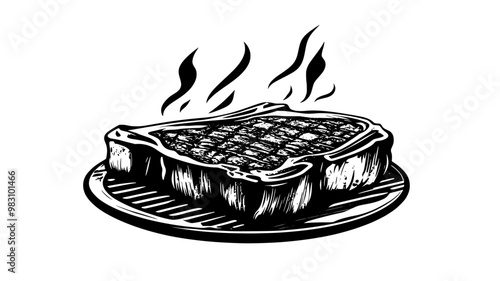Thick ribeye steak on a grill with visible flames and smoke, food vector graphic