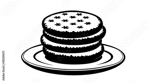 Stack of shortbread cookies resting on a flat round plate, food illustration vector