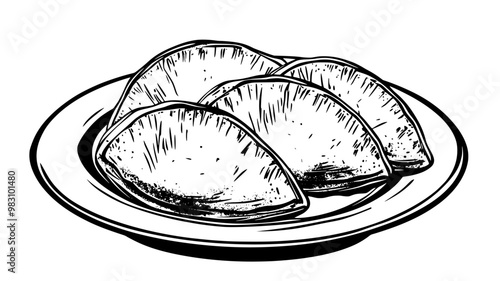 Three beef empanadas on a white ceramic plate, each partially opened, food illustration vector