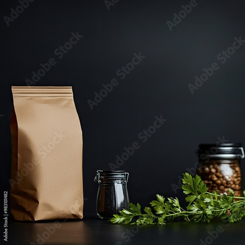 Stylish packaging with herbs and spices on a dark background.