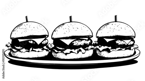 Beef sliders with cheese and pickles on mini buns, side by side, food illustration vector