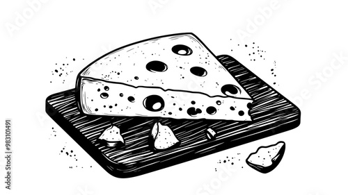 Top view of blue cheese wedge on a wooden cutting board with crumbs around, food illustration vector