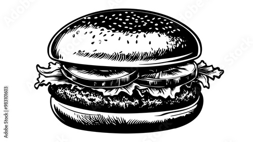 Turkey burger on a sesame seed bun with lettuce, tomato, and pickles with salad, food illustration vector