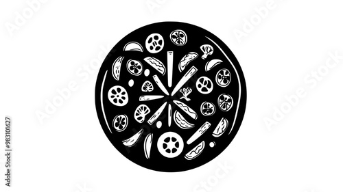 Vegetarian pizza with sliced vegetables symmetrically arranged on the surface, food vector illustration