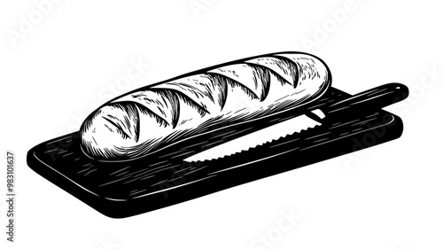 Whole baguette on cutting board with knife beside it, food vector illustration