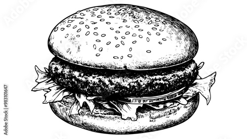 Veggie patty on a sesame seed bun with lettuce, tomato, and onions, food illustration vector