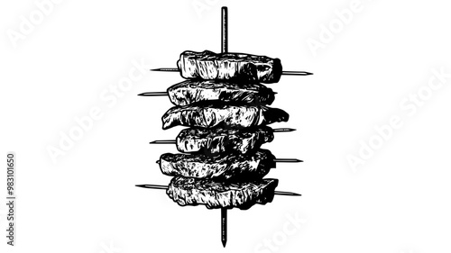 Vertical stack of grilled meat, slowly rotating on a rotisserie, food illustration vector