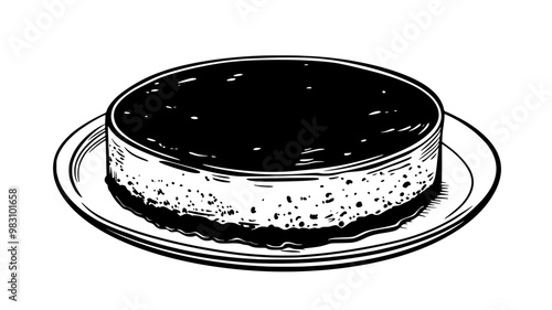 Whole cheesecake with a uniform top on a round serving dish, food vector graphic